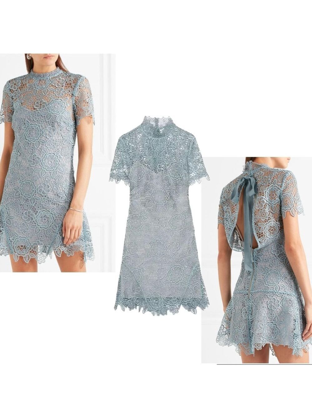 SELF PORTRAIT PEEP BACK FLORAL LACE MINI DRESS LIGHT BLUE 4 - Picture 4 of 15